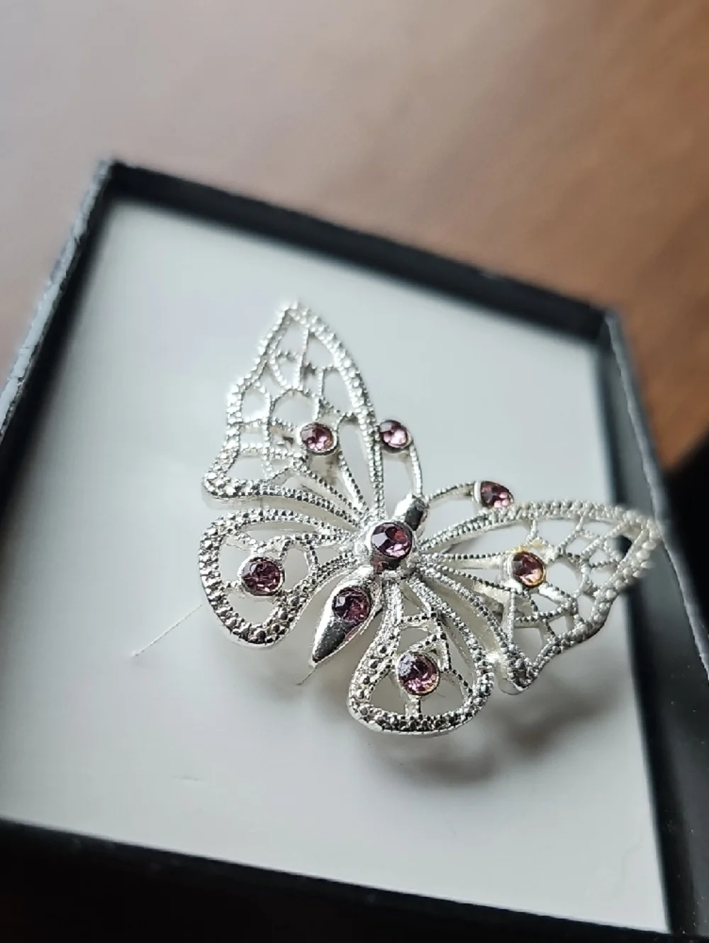 NIB Vintage Silver Butterfly Brooch with Purple Gem Accents